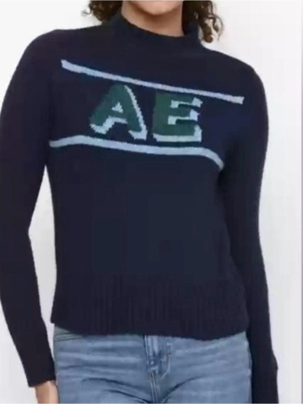 American Eagle Outfitters Navy Sweater with Green & Light Blue Logo in large